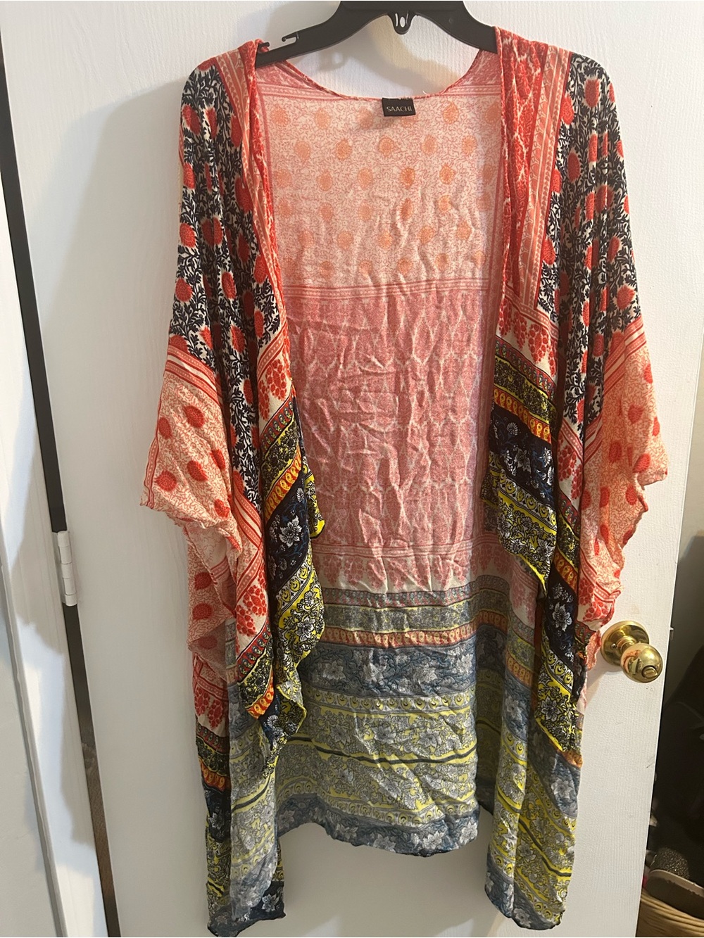 SAACHI Multicolor Bohemian Kimono Cardigan — Coral, Black, Yellow, Blue, beach